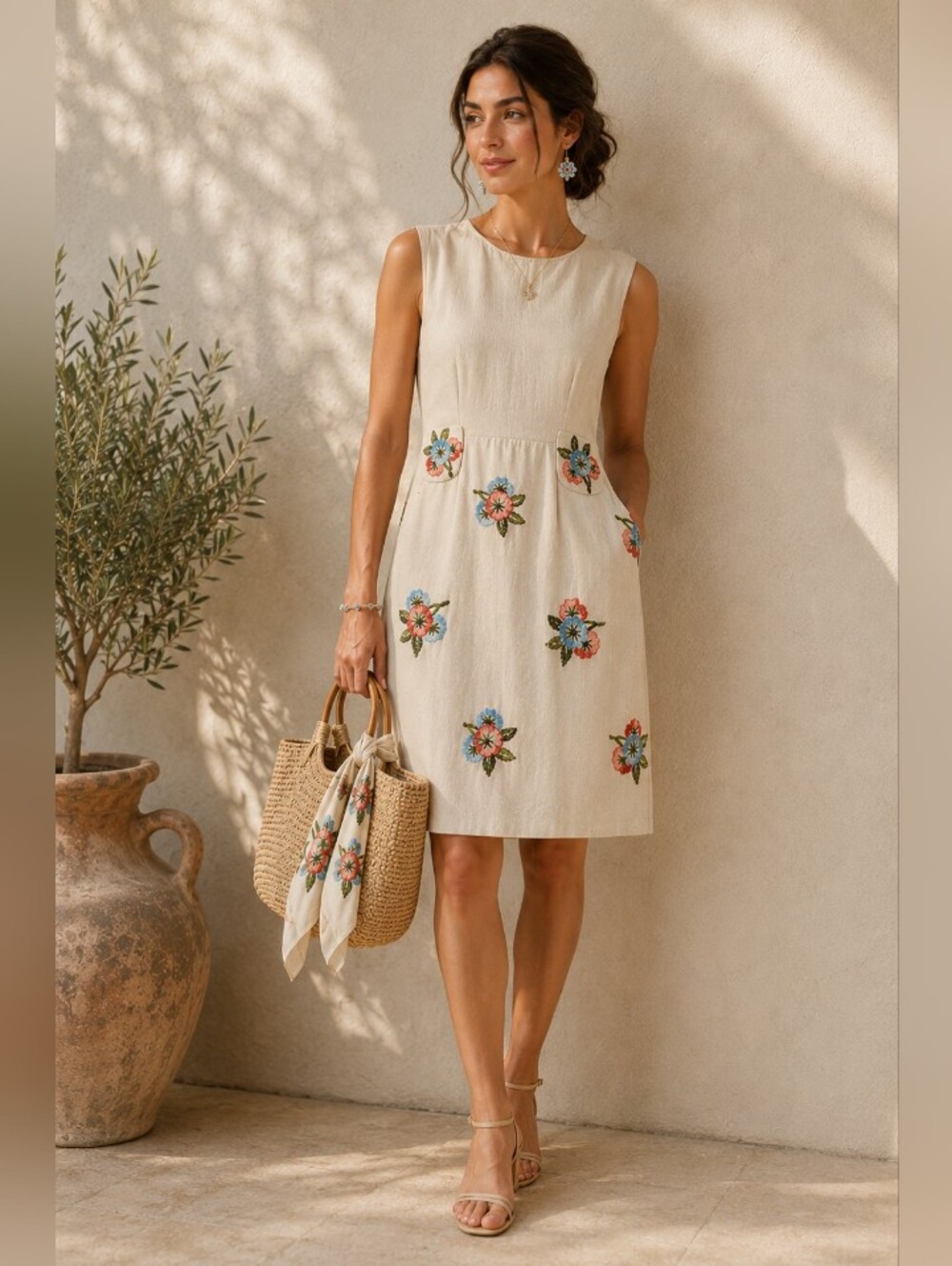 Vtg Sleeveless Floral Embroidered Cream Dress